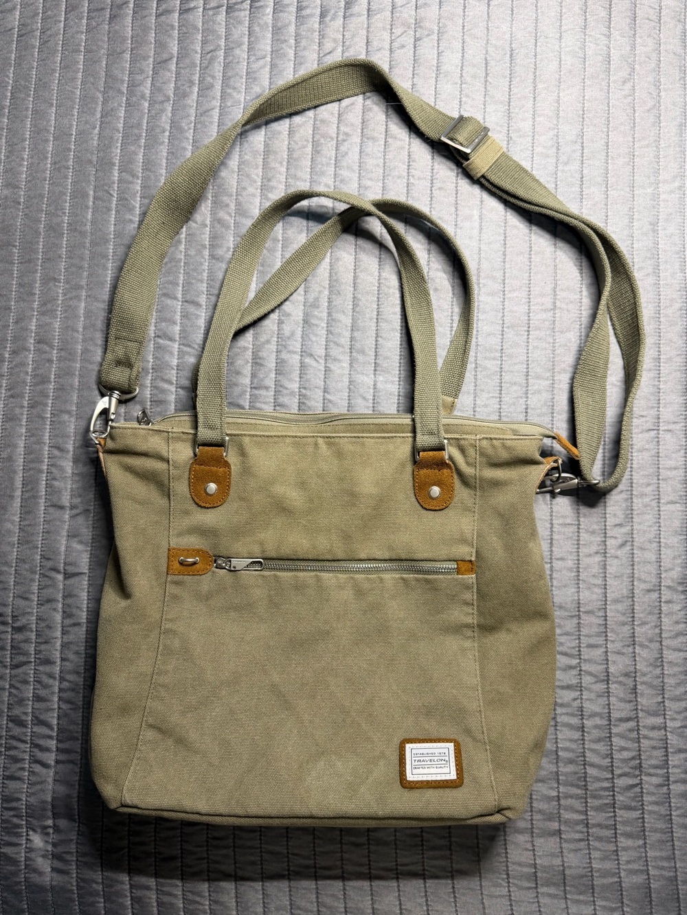 Travelon Canvas Tote in Olive canvas with Brown Suede Trim